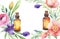 unbranded essence oil bottles on floral background, watercolor illustration with copyspace