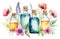 unbranded essence oil bottles with flowers on background, watercolor illustration