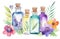 unbranded essence oil bottles with flowers on white background, watercolor illustration