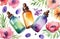 unbranded essence oil bottles with flowers on white background, watercolor illustration