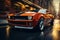 Unbranded muscle car races along a city road with motion blur