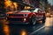 Unbranded red muscle car in high speed urban road action