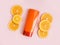 Unbranded red orange shampoo, shower gel or sunscreen cream bottle with vitamin c branding concept. Cosmetic skincare product