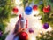 Unbranded white plastic spray bottle, female hand with red nails, christmas balls and fir tree on gray table. Natural organic spa