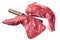Unccoked tri-tip triangle roast, raw bottom sirloin steak on buther table with meat cleaver. Isolated, white background.