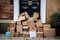 Unclaimed parcels at a front door created with generative AI technology