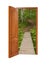 unclosed wooden door with a kind on a wooden path in a birchwood