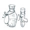 Uncolor flask and tube-test with hearts icon in hand drawn style. Love elixir