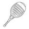 Uncolored Tennis racket with tennis headband line art illustration. Sports equipment icon isolated on white background.