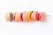 Uncooked mixed meat skewer with peppers.Skewers with pieces of raw meat, red, yellow and green pepper.Top view.Raw