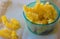 Uncooked Pasta In A Blue Glass Bowl