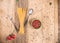 Uncooked spaghetti on wooden table . Topview of dried noodle