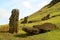 Uncountable giant Moai statues scattered on the slope of Rano Raraku volcano, Archaeological site in Easter Island, Chile