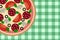 Uncut round pizza on the table copy space 3D illustration