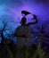 An undead holding a gravestone at night