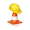 Under construction concept, traffic cone and hard hat, 3d rendering