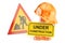 Under construction concept. Traffic cones, hardhat and road sign