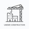 Under construction flat line icon. Vector outline illustration of tower crane and building. Black thin linear pictogram