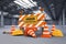 Under construction sign with barrier and cones