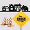 under construction sign with cone barrier traffic and houses
