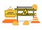 Under Construction With Symbol Worker Hold Stop or Road Sign, Tape Warning, Cone, Site Barrier. Background Vector Flat Cartoon