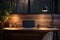 Under the cozy illumination from a table lamp, a modern ebony wooden desk holds a laptop, accessories and product display in a