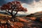 Under the gold twilight, a lone oak dominates undulating meadows, surrounded by sparkling stream and distant mountains.