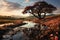 Under the gold twilight, a lone oak dominates undulating meadows, surrounded by sparkling stream generative IA