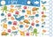 Under the sea I spy game for kids. Searching and counting activity with fish, whale, octopus, crab, turtle, jellyfish. Ocean life