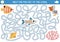 Under the sea maze for kids with shark, pelican, coral, rayfish. Ocean preschool printable activity. Water labyrinth game or