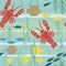 Under sea seamless pattern. Marine texture with lobster, fish, seaweed. Perfectly look on fabric, wrapping, textile.