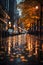 Under veil of night, in urban landscape, a vertical photograph encapsulates moody allure of rain-drenched autumn street