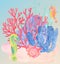 Under water. Colorful seahorses, corals and seashell