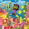 Under the water near the coral reefs, an aquadiver girl swims with fish. Picture for children\\\'s puzzles. Cute baby is happy.