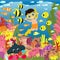 Under the water near the coral reefs, a child aquadiver swims with fish. Picture for children\\\'s puzzles.