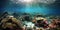 Under the water. Underwater panorama with coral reefs and fishes. Background. Underwater scene - tropical seabed with