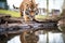 underbelly view of a tiger walking on a log