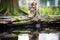 underbelly view of a tiger walking on a log