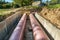 Underground pipe installation. Laying or replacement of underground pipes. Steel, giant