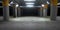 Underground Sci Fi Concrete Cement Background Dark Reflective Showroom Parking White Lights Modern Elegant 3D Rendering