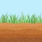 Underground soil layers, green grass surface.Brown clay structure, topsoil field environment and nature geology illustration.