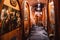 Underground wine cellar with rows of big oak barrels