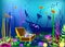 Undersea vector illustration with sunk ship and chest with gems