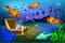 Undersea vector illustration with sunk ship and chest with gems with fish