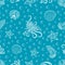 Undersea world drawn by a line vector seamless pattern. Octopus, shell, seaweed, starfish seamless texture