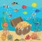 Undersea world with opened wooden chest with treasures. Marine life landscape - the ocean and the underwater world with