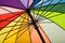 Underside of a colorful rainbow umbrella