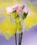 Underwater acrylic yellow paint with pink flowers bouquet. Optimistic gray background. Watercolor style and abstract spring image