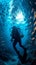 Underwater adventure, scuba diver immersed, fishes in mesmerizing formation