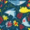 Underwater adventure seamless pattern with sharks, submarine and